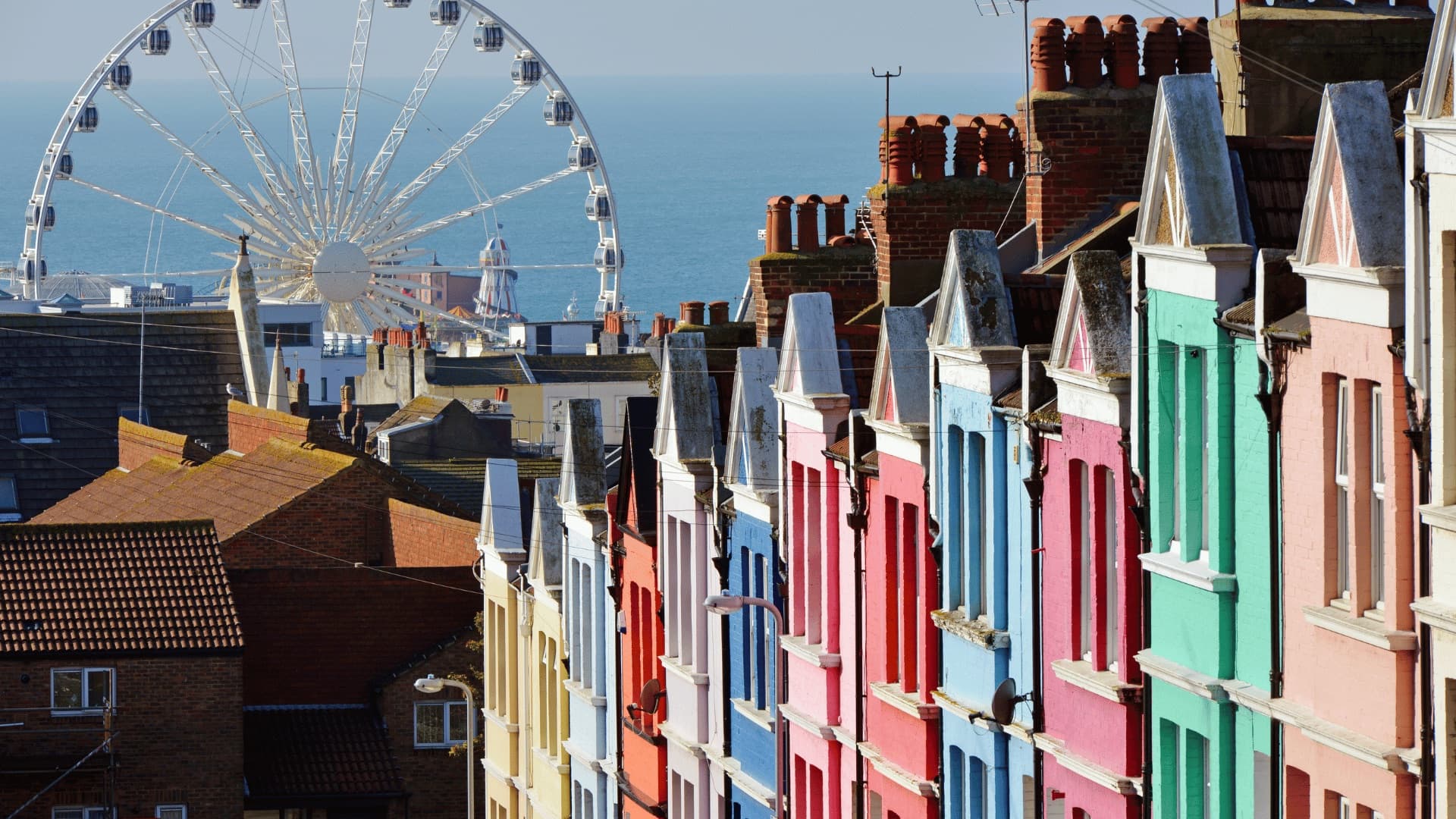 Colourful North Laine houses descending towards the Brighton seafront